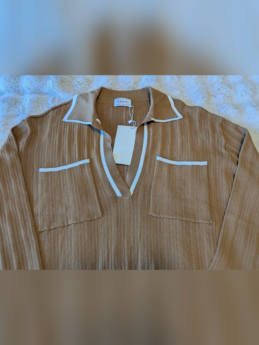 NWT Sabo Skirt Brown Pleated V-Neck Long Sleeve Dress with White Trim - Picture 3 of 6